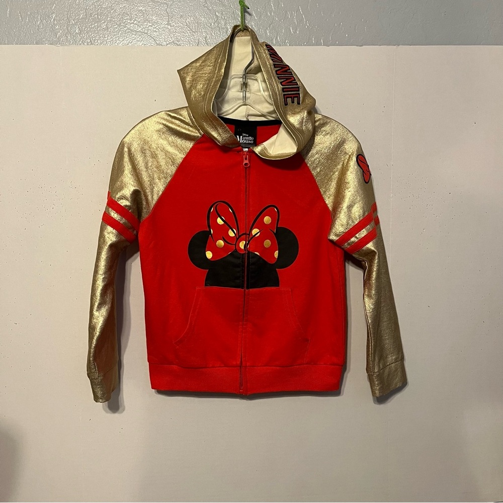 Minnie, Mouse, French Terry red and gold hoodie size 10/12 with zipper closure.
